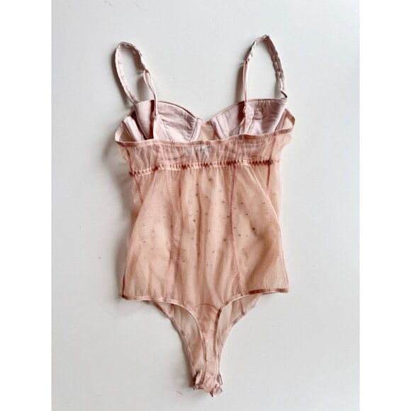 I.D. SARRIERI Light Pink Mesh Swarovski Rhinestone Thong Bodysuit, Size M - Picture 7 of 16